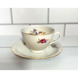 Vtg CMIELOW Porcelain Tea Cup & Saucer Set ''Meisen Flower'' Poland 1960-1970